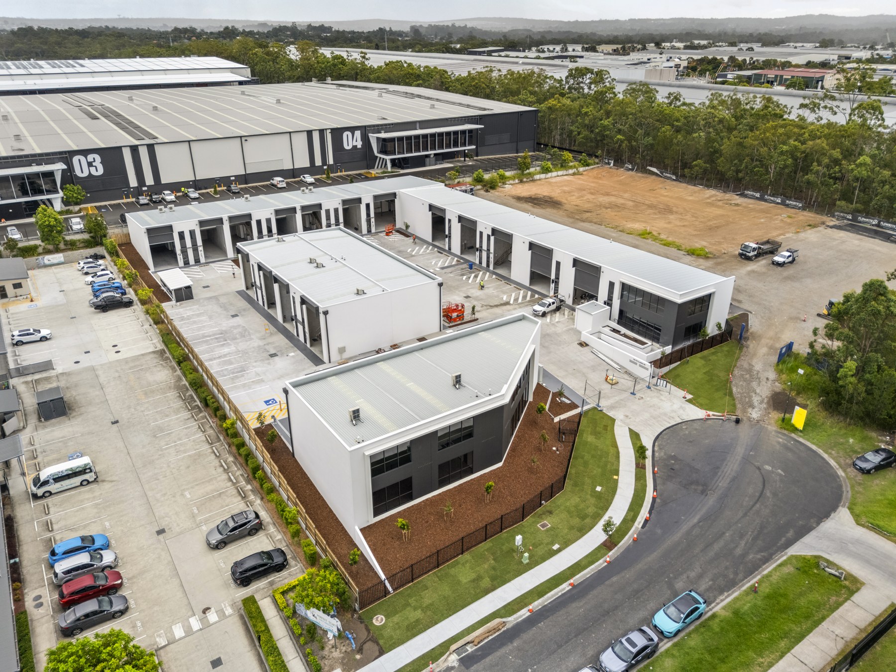Aerial view of completed Clarke Commons warehouses in Crestmead